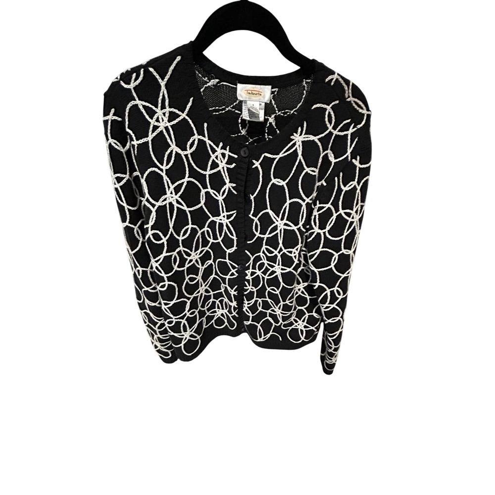Talbots Womens‎ Black White Abstract Swirl Cotton Knit Button Front Cardigan S